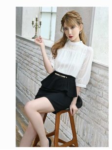 画像2: ブラウジング 七分袖 ペプラム シフォン 袖付き Belsia(S/M/L/XL/XXL)(ホワイト) (2)