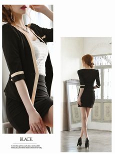 画像4: タイト キャバスーツ キャバクラスーツ オフィス ノーカラースーツ Belsia(S/M/L/XL)(ブラック/ベージュ) (4)