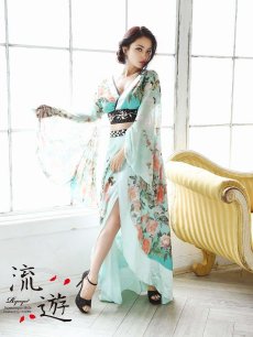 画像1: 和柄ドレス 花魁 お腹見せ 上下セット キャバクラ 流遊(S/M/L/XL)(ミント) (1)