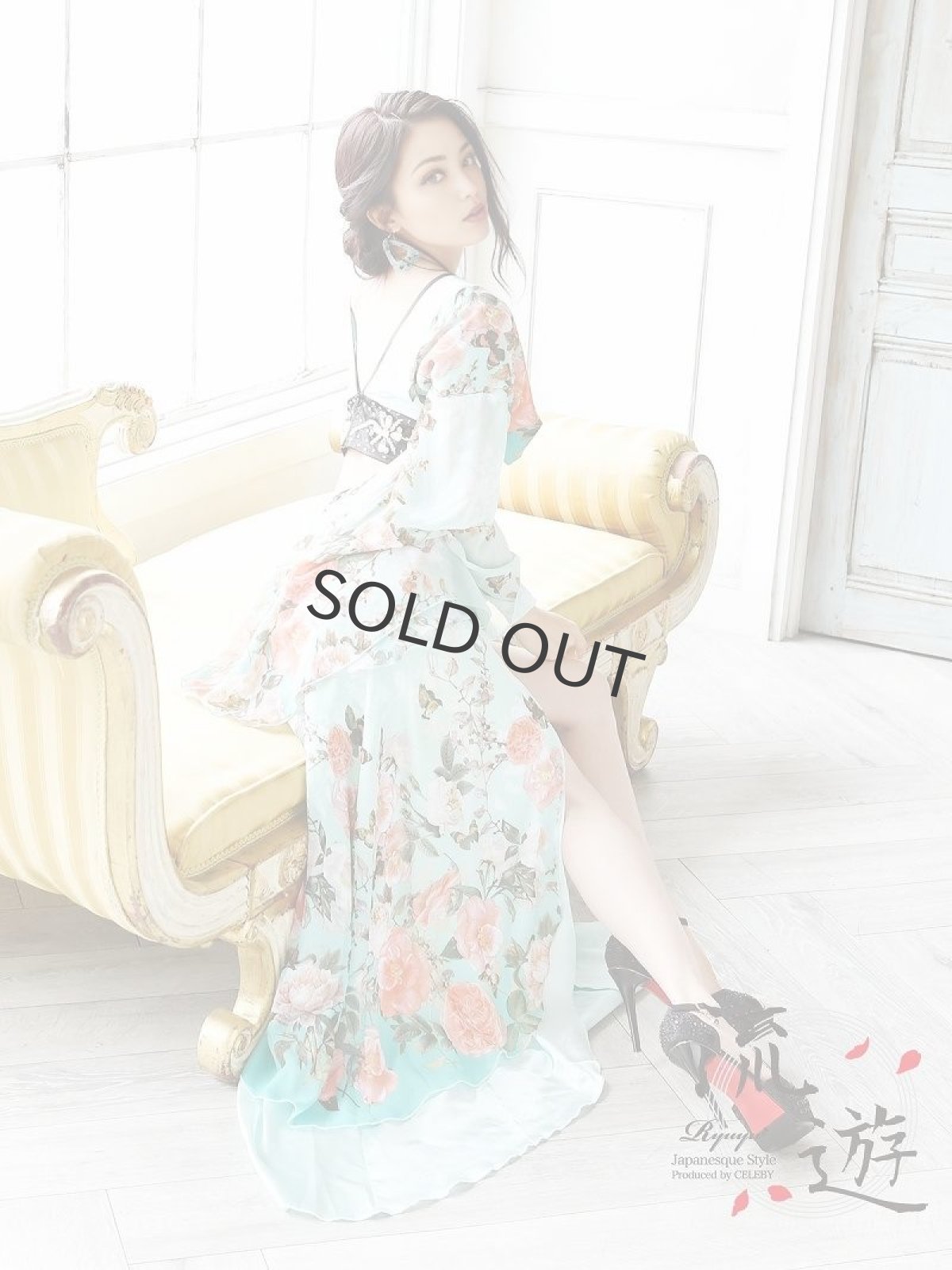 画像5: 和柄ドレス 花魁 お腹見せ 上下セット キャバクラ 流遊(S/M/L/XL)(ミント) (5)