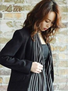 画像5: ストライプ スカーフ ウール風 大きいサイズ ジャケット Belsia.LUX(S/M/L/XL)(ブラック) (5)