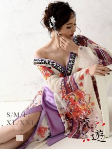 画像1: 華やか和柄シフォン着物ドレスキャバクラ花魁ロングドレス【流遊】(S/M/L/XL/XXL)(ベージュ) (1)