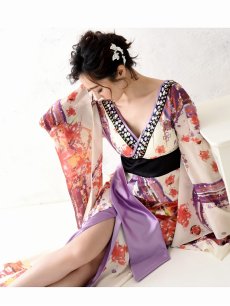 画像5: 華やか和柄シフォン着物ドレスキャバクラ花魁ロングドレス【流遊】(S/M/L/XL/XXL)(ベージュ) (5)