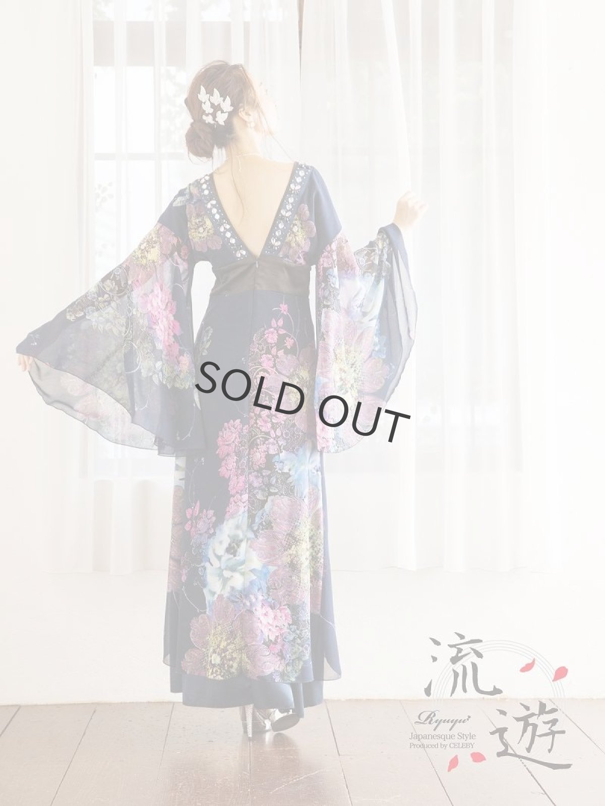 画像2: 和柄 キャバドレス 着物ドレス ネイビー ロングドレス 花柄 中ミニ キャバドレス 花魁 キャバドレス 流遊(S/M/L/XL)(ネイビー) (2)