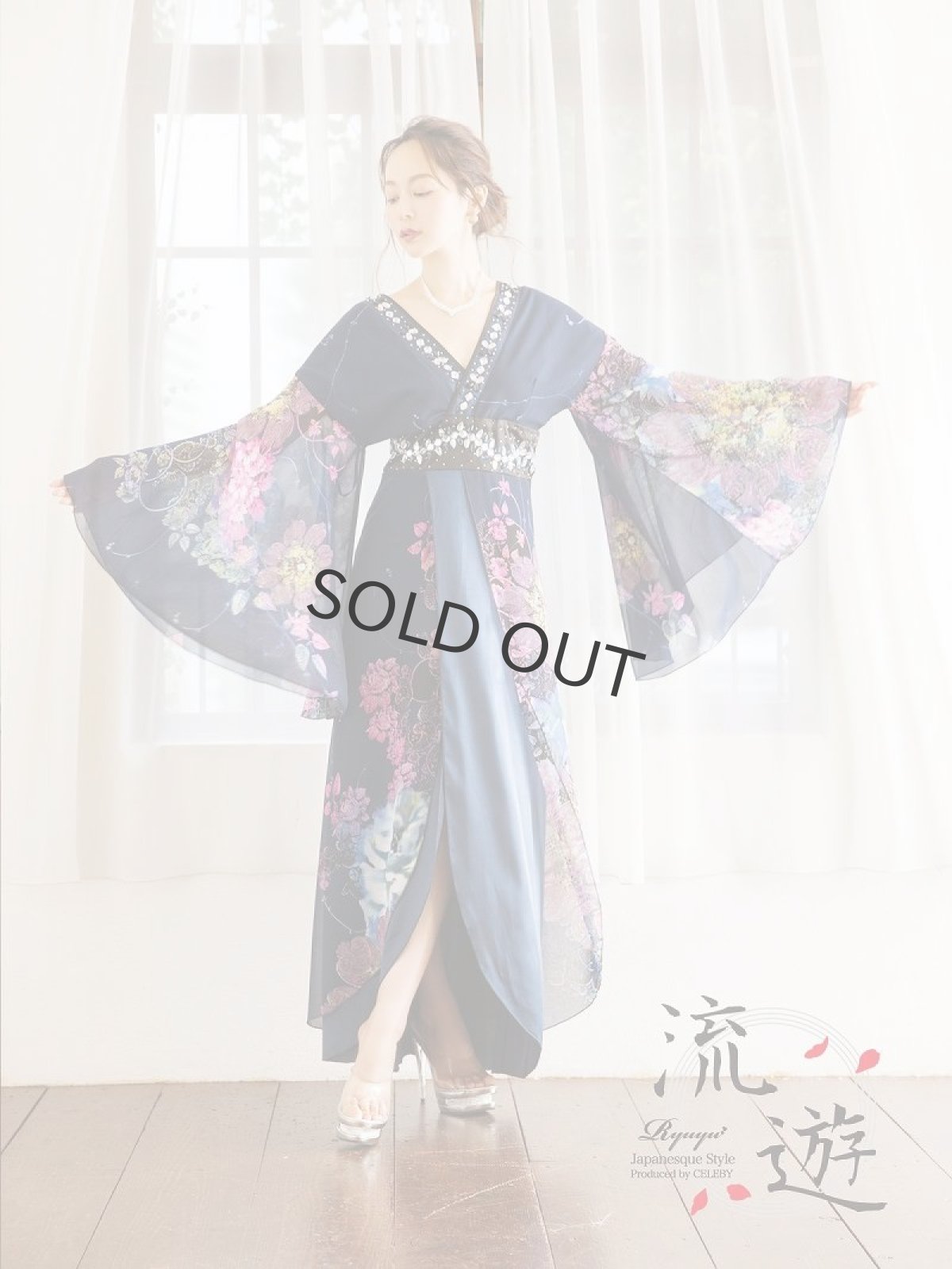 画像4: 和柄 キャバドレス 着物ドレス ネイビー ロングドレス 花柄 中ミニ キャバドレス 花魁 キャバドレス 流遊(S/M/L/XL)(ネイビー) (4)