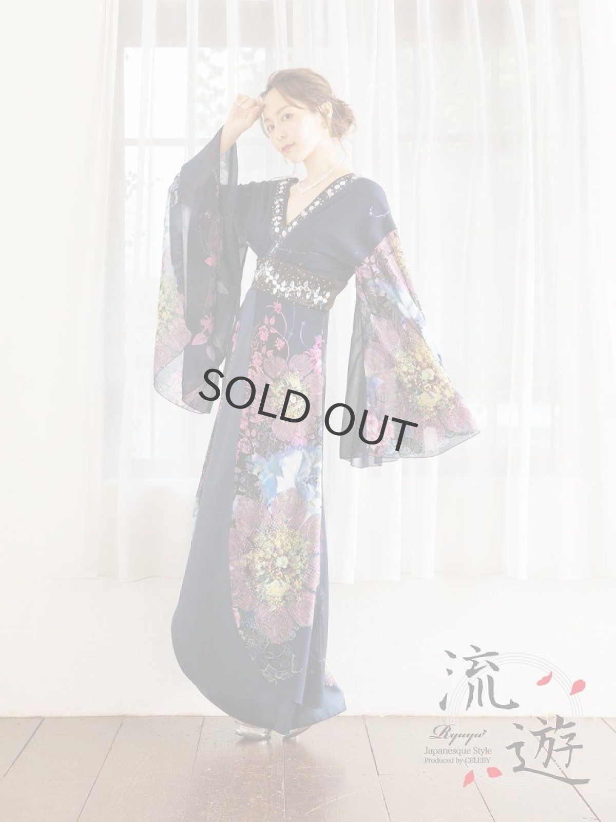 画像5: 和柄 キャバドレス 着物ドレス ネイビー ロングドレス 花柄 中ミニ キャバドレス 花魁 キャバドレス 流遊(S/M/L/XL)(ネイビー) (5)