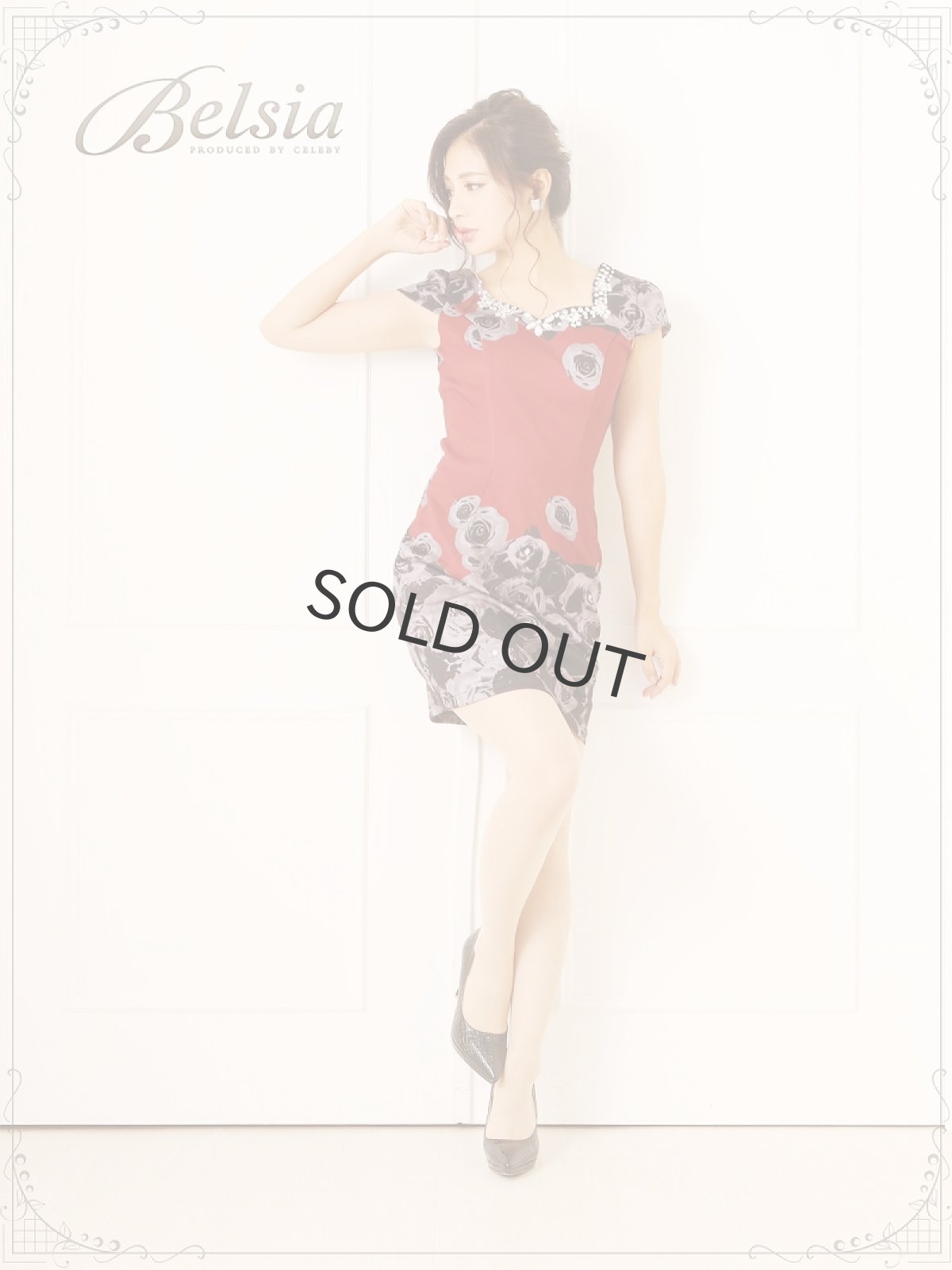 画像2: 薔薇 キャバドレス キャバドレス 袖付き 袖付き 花柄ドレス ストレッチ タイトドレス ミニドレス キャバ Belsia(M/L)(ワイン) (2)