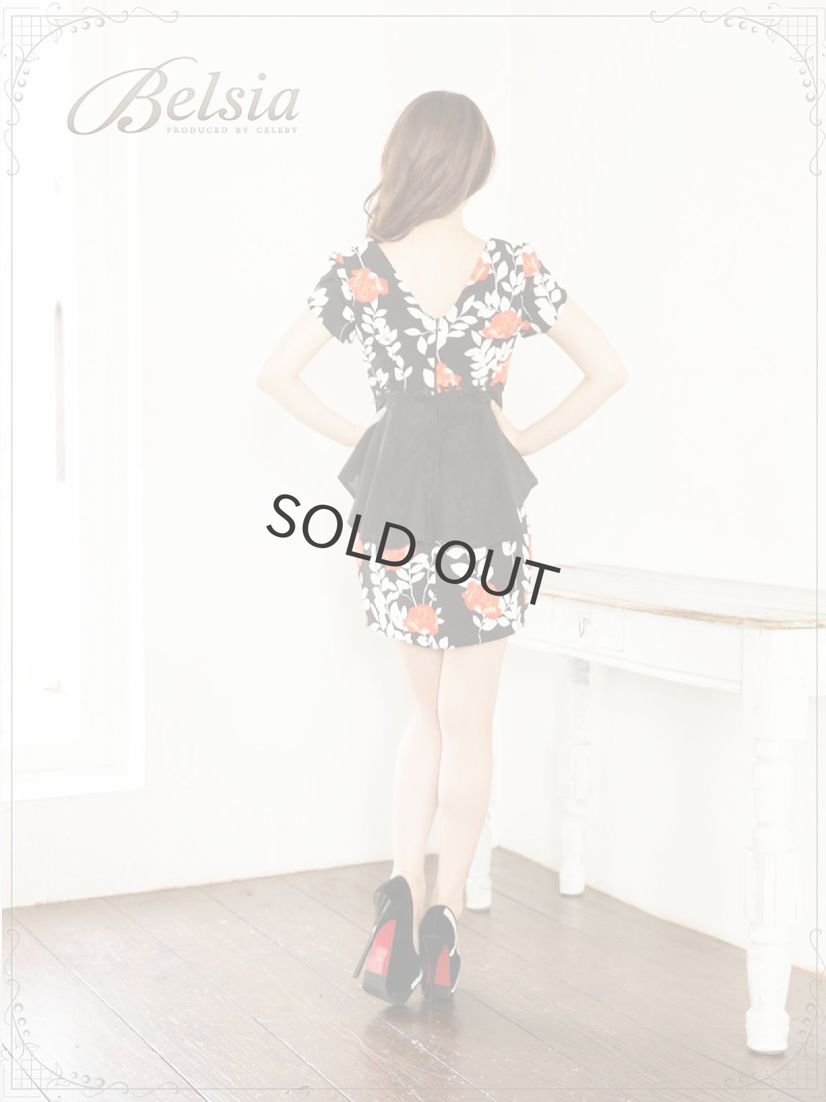 画像5: 花柄 キャバドレス ペプラム ミニドレス 袖付き キャバドレス キャバドレス タイト ミニドレス 花柄 Belsia(M)(ブラック/ホワイト) (5)