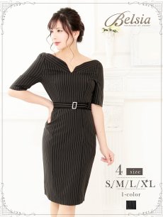 画像1: ストライプ柄  ワンピース 七分袖 キャバワンピ XLサイズ キャバクラワンピ 膝丈 ナイトドレス キャバワンピ モノトーン Belsia(S/M/L/XL)(ブラック) (1)