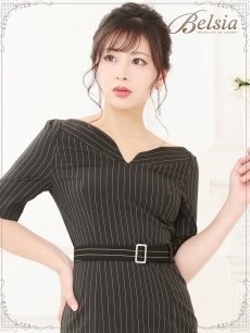 画像5: ストライプ柄  ワンピース 七分袖 キャバワンピ XLサイズ キャバクラワンピ 膝丈 ナイトドレス キャバワンピ モノトーン Belsia(S/M/L/XL)(ブラック) (5)