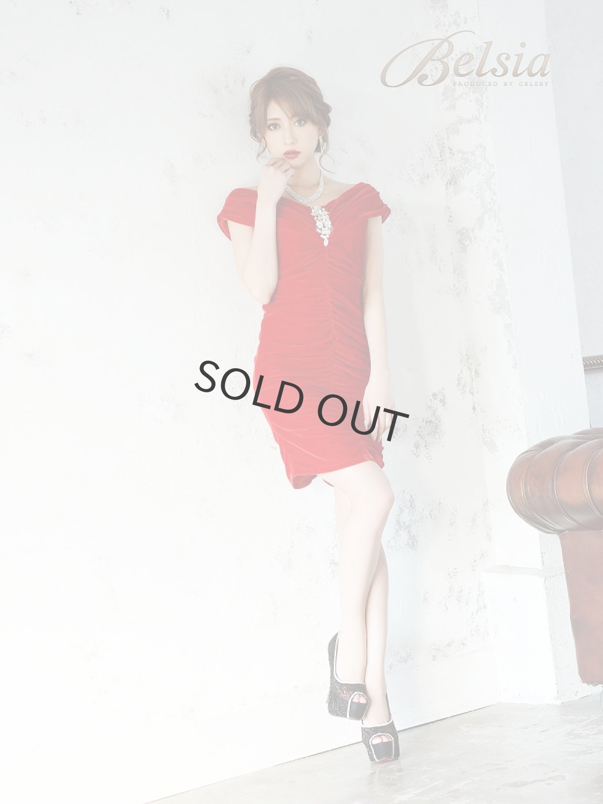 画像2: ミニドレス ベロア 赤 ワイン オフショルダー Belsia(S/M/L/XL)(レッド) (2)