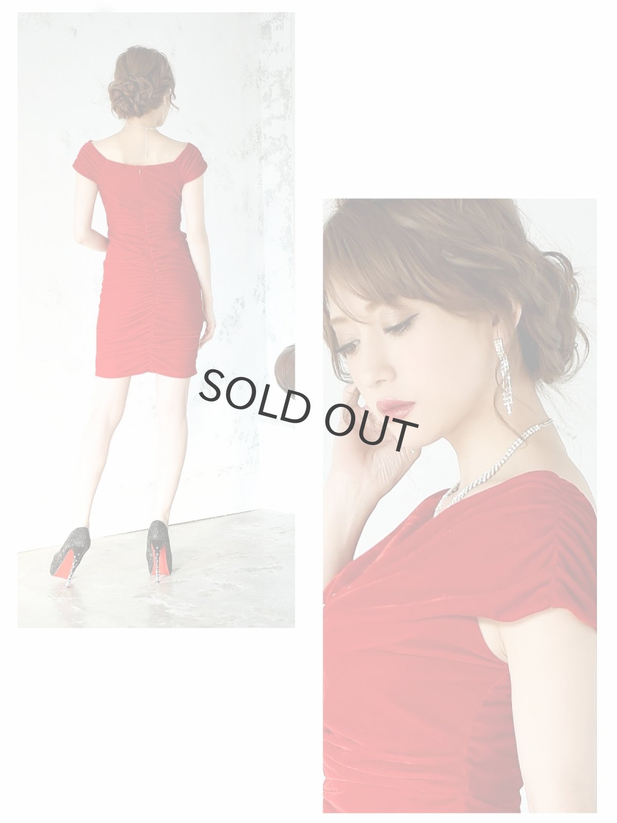 画像4: ミニドレス ベロア 赤 ワイン オフショルダー Belsia(S/M/L/XL)(レッド) (4)