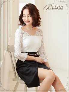 画像3: 【Belsia】レース切替えバイカラーワンピース 七分袖キャバクラワンピ【ベルシア】(M/L/XL)(ベージュ/ネイビー) (3)