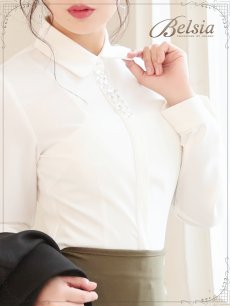 画像2: スーツ インナー ビジュー付き ブラウス ビジネススーツ インナー 長袖 シャツ 襟付き ブラウス Belsia(S/M/L/XL)(ホワイト) (2)