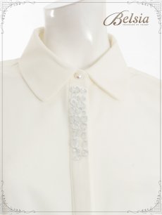 画像4: スーツ インナー ビジュー付き ブラウス ビジネススーツ インナー 長袖 シャツ 襟付き ブラウス Belsia(S/M/L/XL)(ホワイト) (4)