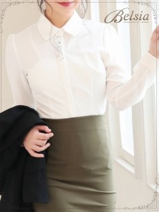 画像5: スーツ インナー ビジュー付き ブラウス ビジネススーツ インナー 長袖 シャツ 襟付き ブラウス Belsia(S/M/L/XL)(ホワイト) (5)