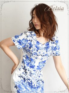 画像4: 【Belsia】パネル風レトロ花柄キャバワンピース 上質サテン袖付ワンピース【ベルシア】(S/M/L)(ブルー) (4)