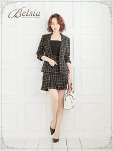 画像2: 【Belsia】格子柄プリーツスカートセットアップ 七分袖2pキャバクラスーツ【ベルシア】(S/M/L)(ブラック) (2)