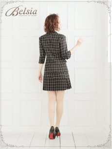 画像5: 【Belsia】格子柄プリーツスカートセットアップ 七分袖2pキャバクラスーツ【ベルシア】(S/M/L)(ブラック) (5)