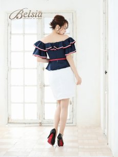 画像4: ミニ ドレス オフショルダー トリコロールカラー フリル Belsia(M/L)(ネイビー×ホワイト/ホワイト×ネイビー) (4)