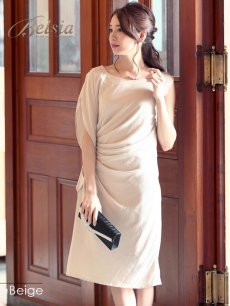 画像2: 膝丈 ドレープ アシンメトリー 袖付き ワンピース Belsia(S/M/L)(ネイビー/ベージュ/ブルー) (2)