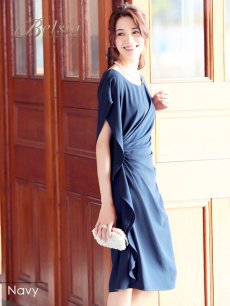 画像4: 膝丈 ドレープ アシンメトリー 袖付き ワンピース Belsia(S/M/L)(ネイビー/ベージュ/ブルー) (4)