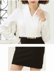 画像3: カシュクール 膝丈 バイカラー タイト 長袖 Belsia(S/M/L)(ホワイト×ブラック) (3)