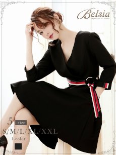画像1: カシュクール 七分袖 ワンピース 袖ありドレス トリコロール Belsia(S/M/L/XL/XXL)(ブラック) (1)