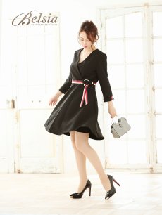 画像2: カシュクール 七分袖 ワンピース 袖ありドレス トリコロール Belsia(S/M/L/XL/XXL)(ブラック) (2)