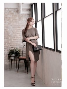 画像2: ワンピース キャバドレス フレンチスリーブ ドルマン ワンピース ベルト付き 無地 DaysPiece(M)(ブラック/カーキ) (2)