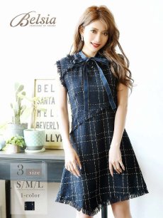 画像1: ワンピース ツイード レトロ フレア チェック Belsia(S/M/L)(ネイビー) (1)