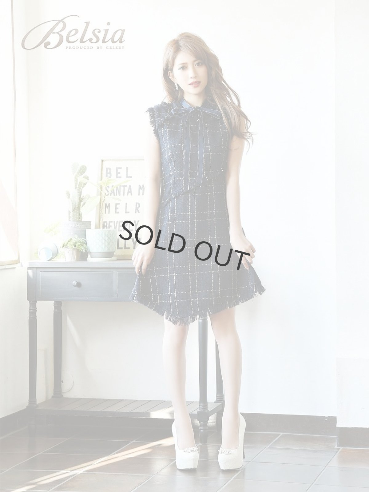 画像2: ワンピース ツイード レトロ フレア チェック Belsia(S/M/L)(ネイビー) (2)