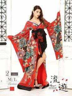 画像1: キャバドレス 和柄 花魁 着物ドレス 赤 和柄 キャバドレス 流遊(M/L)(レッド) (1)