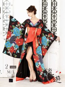 画像1: キャバドレス 和柄 着物ドレス 花魁 和柄 黒 ダンス衣装 流遊(M/L)(ブラック) (1)