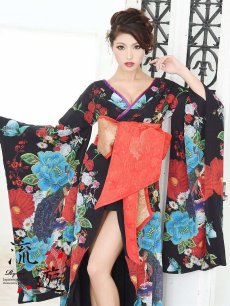 画像2: キャバドレス 和柄 着物ドレス 花魁 和柄 黒 ダンス衣装 流遊(M/L)(ブラック) (2)