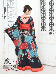 画像3: キャバドレス 和柄 着物ドレス 花魁 和柄 黒 ダンス衣装 流遊(M/L)(ブラック) (3)