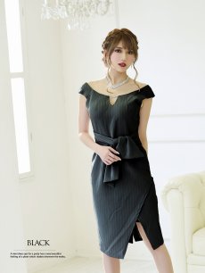 画像4: ピンストライプ キャバクラドレス 膝丈 オフショル 着痩せ Belsia(S/M/L/XL)(ブラック/グレー) (4)