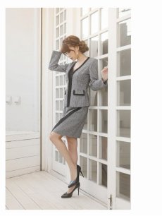 画像2: 千鳥柄 ツイードスーツ 膝丈 フォーマル ノーカラー Belsia.LUX(S/M/L/2L/3L)(ブラック) (2)
