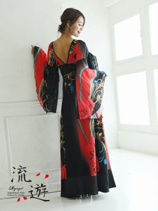画像3: 着物ドレス 簡単 花魁 和柄 赤 流遊(S/M/L/XL)(レッド) (3)
