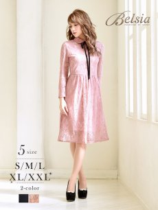 画像1: 【Belsia】大きいサイズ完備!!長袖膝丈レースキャバクラドレス 加賀美早紀 着用キャバドレス　リボン付きキャバワンピース【ベルシア】(S/M/L/XL/XXL)(ピンク/ブラック) (1)