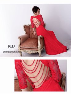 画像5: レース ロングドレス マーメイド スリット 袖付き Belsia(M/L/XL)(ブラック/ホワイト/レッド) (5)