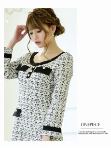 画像4: ツィード 長袖 膝丈 黒 キャバドレス Belsia(S/M/L/XL)(ホワイト) (4)