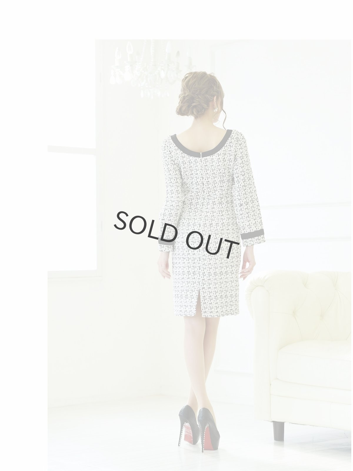 画像5: ツィード 長袖 膝丈 黒 キャバドレス Belsia(S/M/L/XL)(ホワイト) (5)
