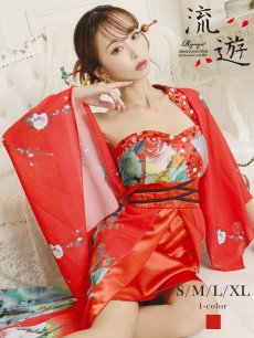 画像1: キャバドレス 和柄 キャバ嬢 節分 セットアップ 2P 前ミニ 流遊(S/M/L/XL)(レッド) (1)