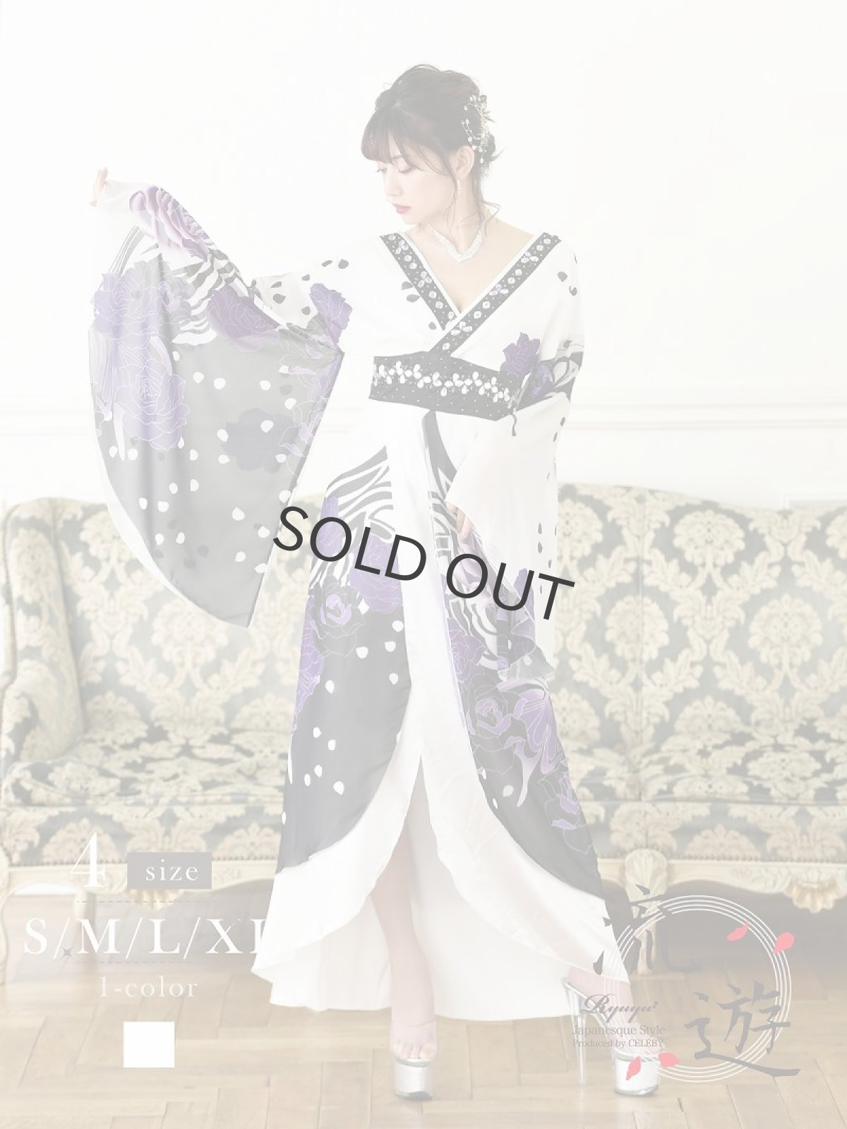 画像1: 中ミニ 白 紫 バラ シフォン 流遊(S/M/L/XL)(ホワイト) (1)