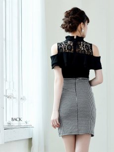 画像4: 千鳥柄 オープンショルダー リボンブローチ 秋 袖付き Belsia(S/M/L/XL)(ブラック) (4)