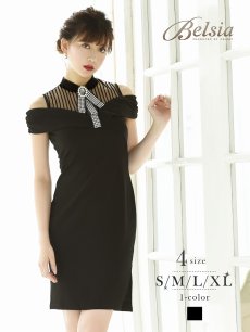 画像1: ワンカラー リボン ブローチ タイト ハイネック Belsia(S/M/L/XL)(ブラック) (1)