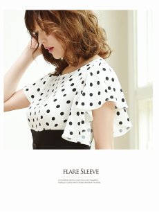 画像3: ドット柄 タイト キャバドレス 膝丈 フリル袖 Belsia(M/L/XL)(ブラック/ホワイト) (3)