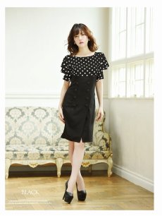 画像5: ドット柄 タイト キャバドレス 膝丈 フリル袖 Belsia(M/L/XL)(ブラック/ホワイト) (5)