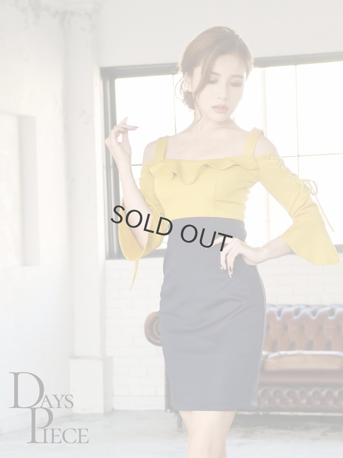 画像5: バイカラー スピンドル 編み上げ オープンショルダー 膝丈 DaysPiece(S/M/L)(イエロー×ネイビー/ワイン×ブラック/ブラック×ピンク) (5)